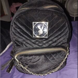 PLAYBOY Black Velvet Backpack with Gold Chain